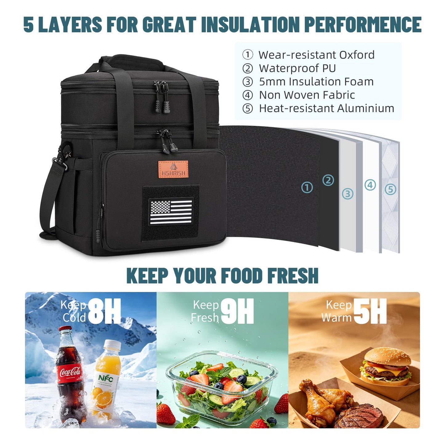 Holuxer Tactical Lunch Bags for Men, Large Expandable Insulated Lunch Box with Flag, Durable Waterproof Leakproof Cooler Bag for Adults/Women/Work Outdoor Beach Trips, 20 Cans/16 L, Black