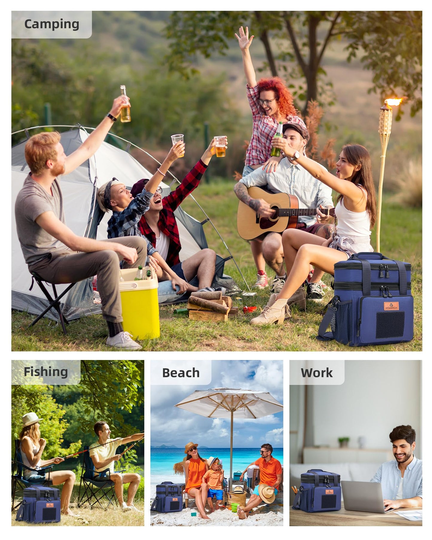 Holuxer Large Lunch Boxes for Men/Adults, Expandable Double-Deck Insulated Lunch Bag with Shoulder Strap, Soft Leakproof Cooler Bags for Work Outdoor Picnic Trips, 20 Can/16L, Blue, Mesh