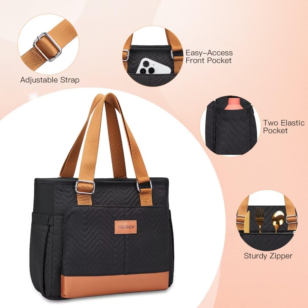 Holuxer Lunch Tote Bag for Women, Large Lunch Box for Work, Leakproof Oxford Lunchbox Shoulder Bags, Fashion Totes Cooler Purse with Storage Front Pocket for Work Picnic, Black Brown Leather 12L