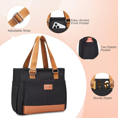 Holuxer Lunch Tote Bag for Women, Large Lunch Box for Work, Leakproof Oxford Lunchbox Shoulder Bags, Fashion Totes Cooler Purse with Storage Front Pocket for Work Picnic, Black Brown Leather 12L