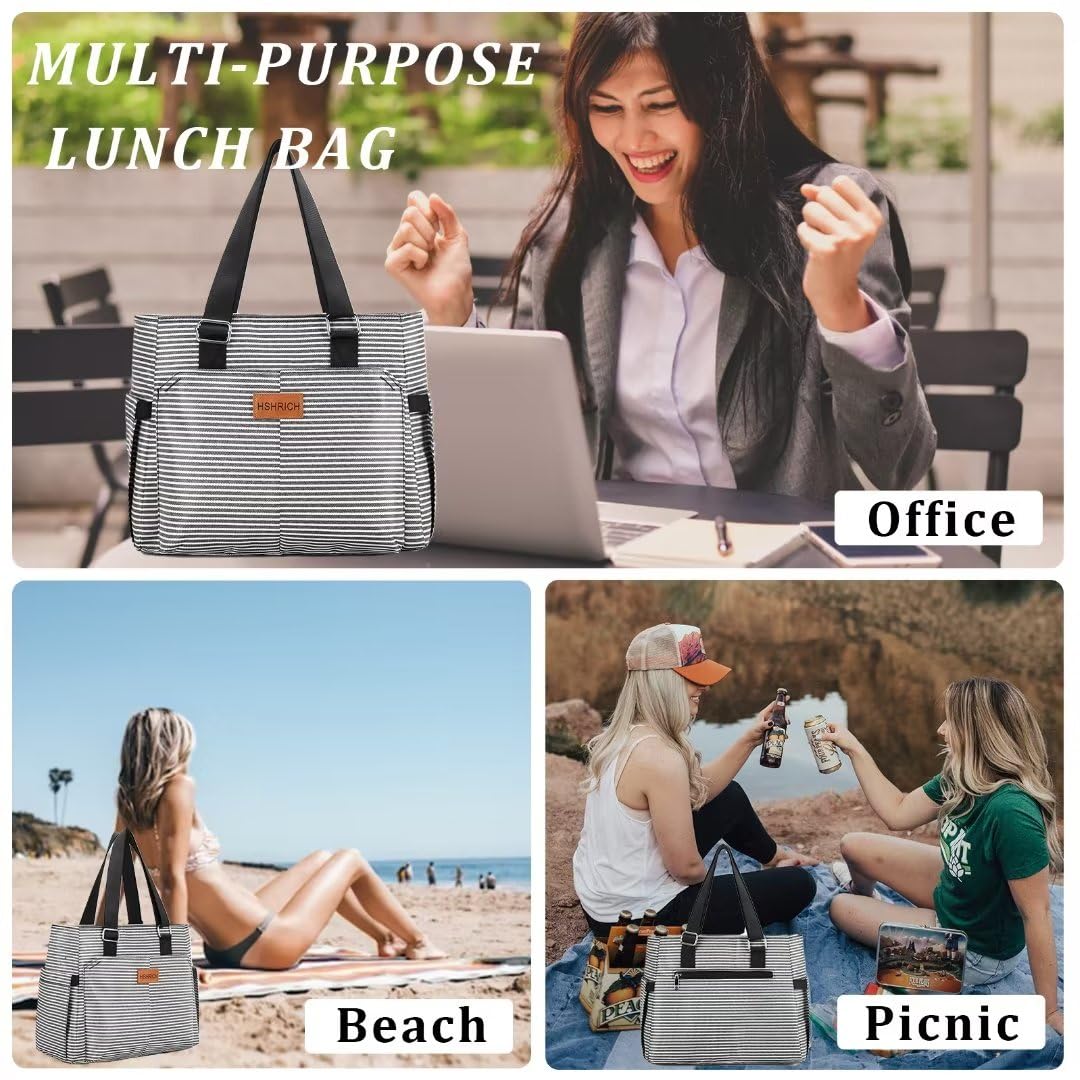 Large Women Lunch Bags/Insulated Adult Lunch Box/Leakproof Cooler Lunch Tote Bag with Storage Pocket. Reusable Lunch Purse for Work Picnic Hiking 12L, Stripe