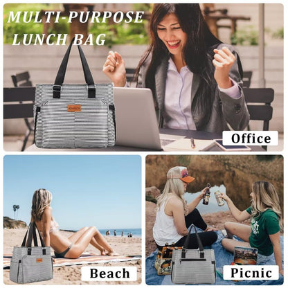 Large Women Lunch Bags/Insulated Adult Lunch Box/Leakproof Cooler Lunch Tote Bag with Storage Pocket. Reusable Lunch Purse for Work Picnic Hiking 12L, Stripe