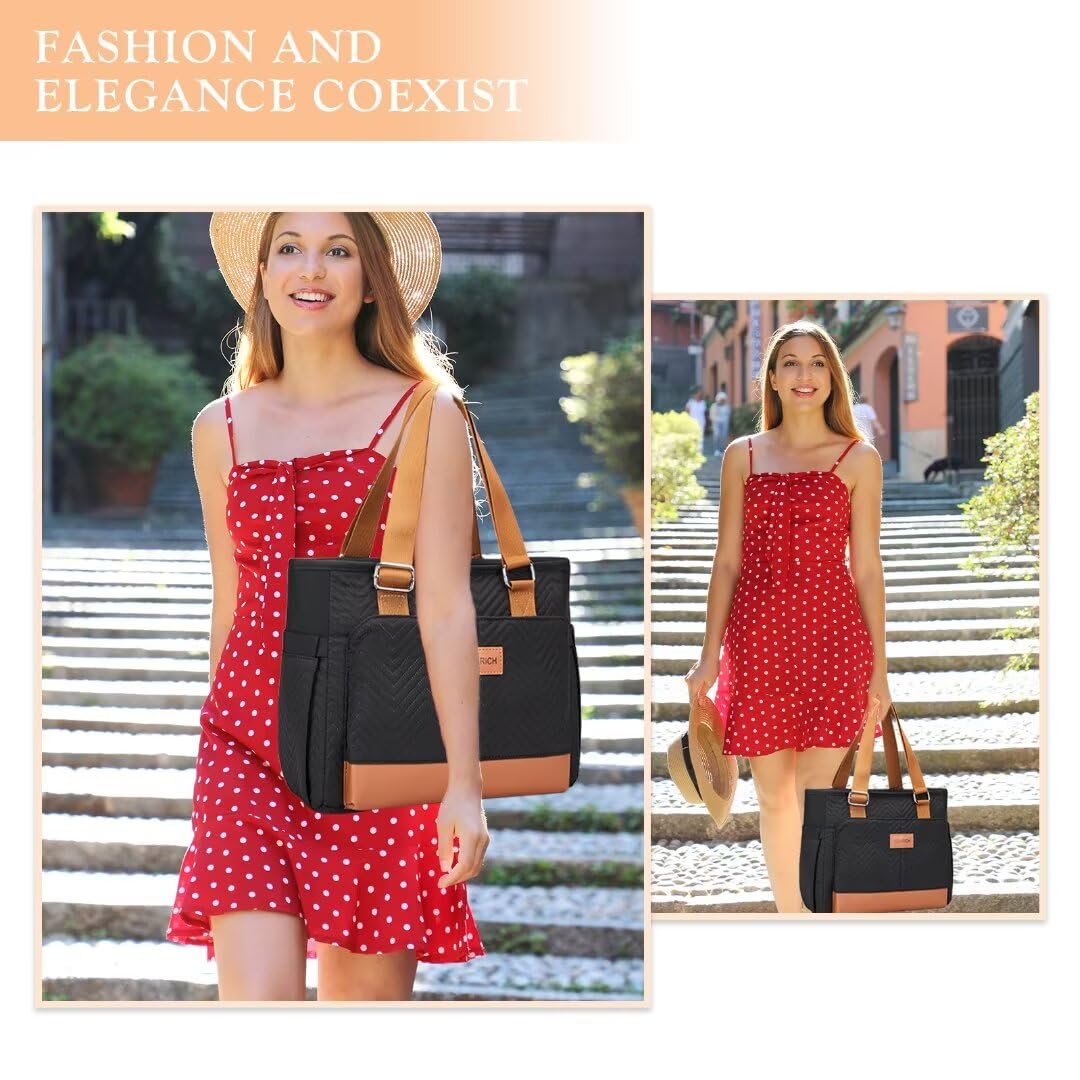 Holuxer Lunch Tote Bag for Women, Large Lunch Box for Work, Leakproof Oxford Lunchbox Shoulder Bags, Fashion Totes Cooler Purse with Storage Front Pocket for Work Picnic, Black Brown Leather 12L