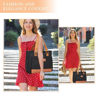 Holuxer Lunch Tote Bag for Women, Large Lunch Box for Work, Leakproof Oxford Lunchbox Shoulder Bags, Fashion Totes Cooler Purse with Storage Front Pocket for Work Picnic, Black Brown Leather 12L