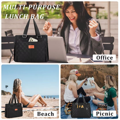 Holuxer Large Lunch Bag for Women, Insulated Adult Lunch Box for Work, Leakproof Cooler Lunch Tote Bags with Storage Pocket. Reusable Lunchbox Purse for Works Picnic Hiking 14L, Black