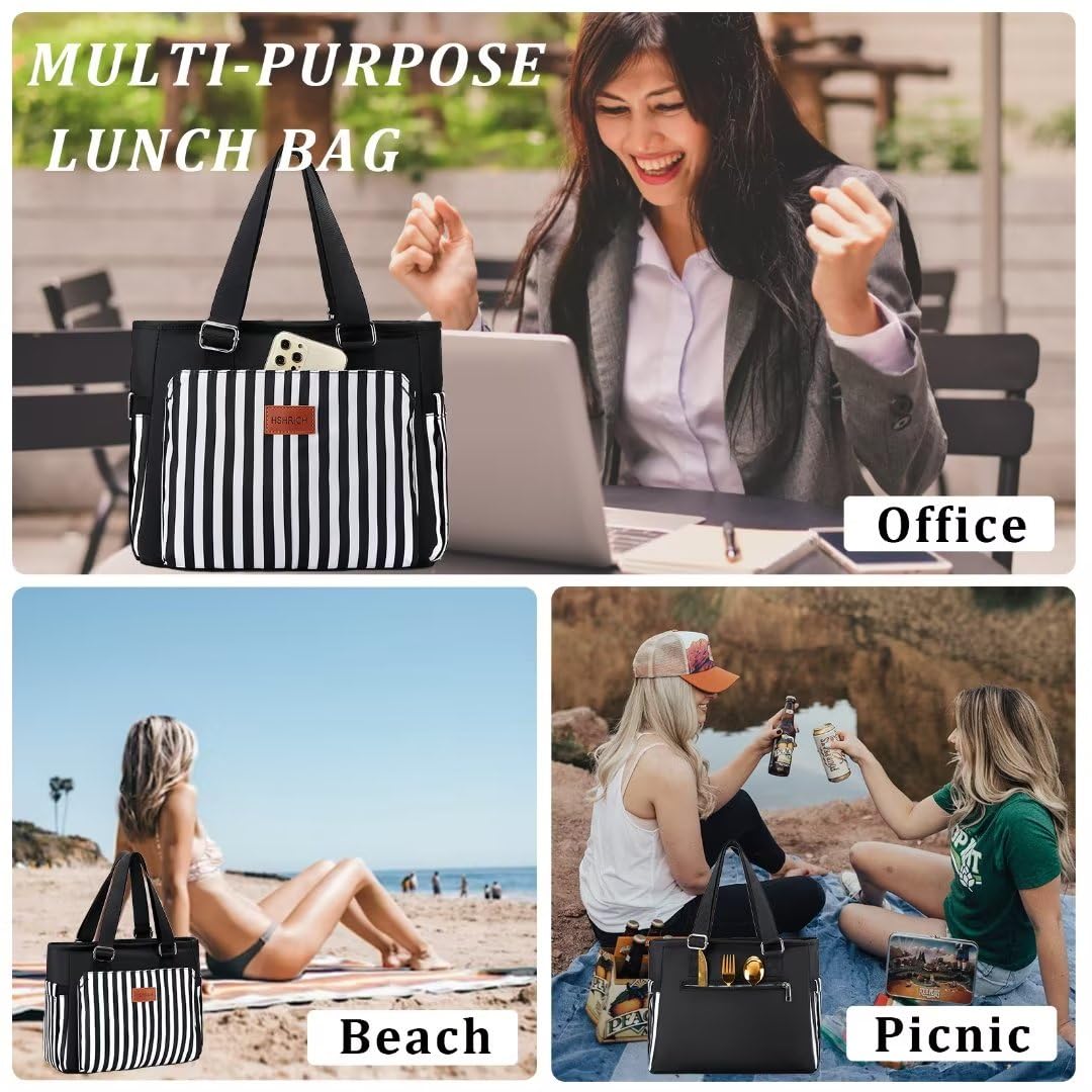 Insulated Women Lunch Bags for Work, Reusable Large Lunch Boxes for Womens, Leakproof Coolers Tote Bag Fashion Shoulder Purse for School Picnic, Stripe