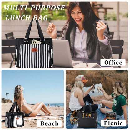 Insulated Women Lunch Bags for Work, Reusable Large Lunch Boxes for Womens, Leakproof Coolers Tote Bag Fashion Shoulder Purse for School Picnic, Stripe